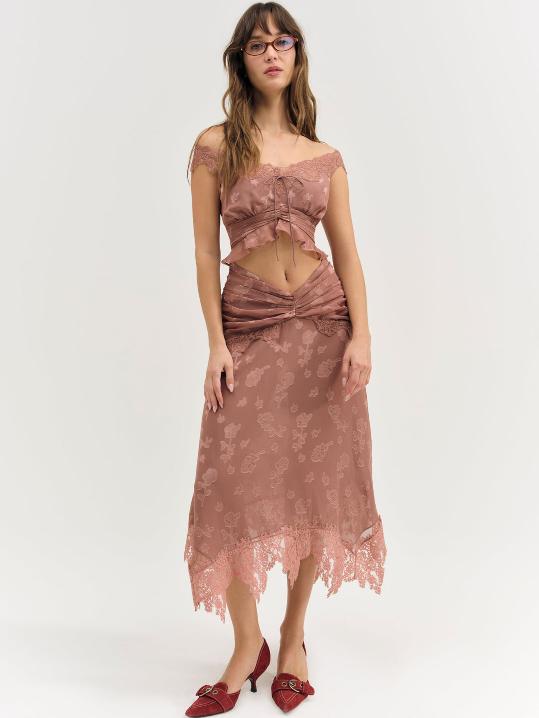 Colette Satin Burnout Midi Skirt — Mahogany