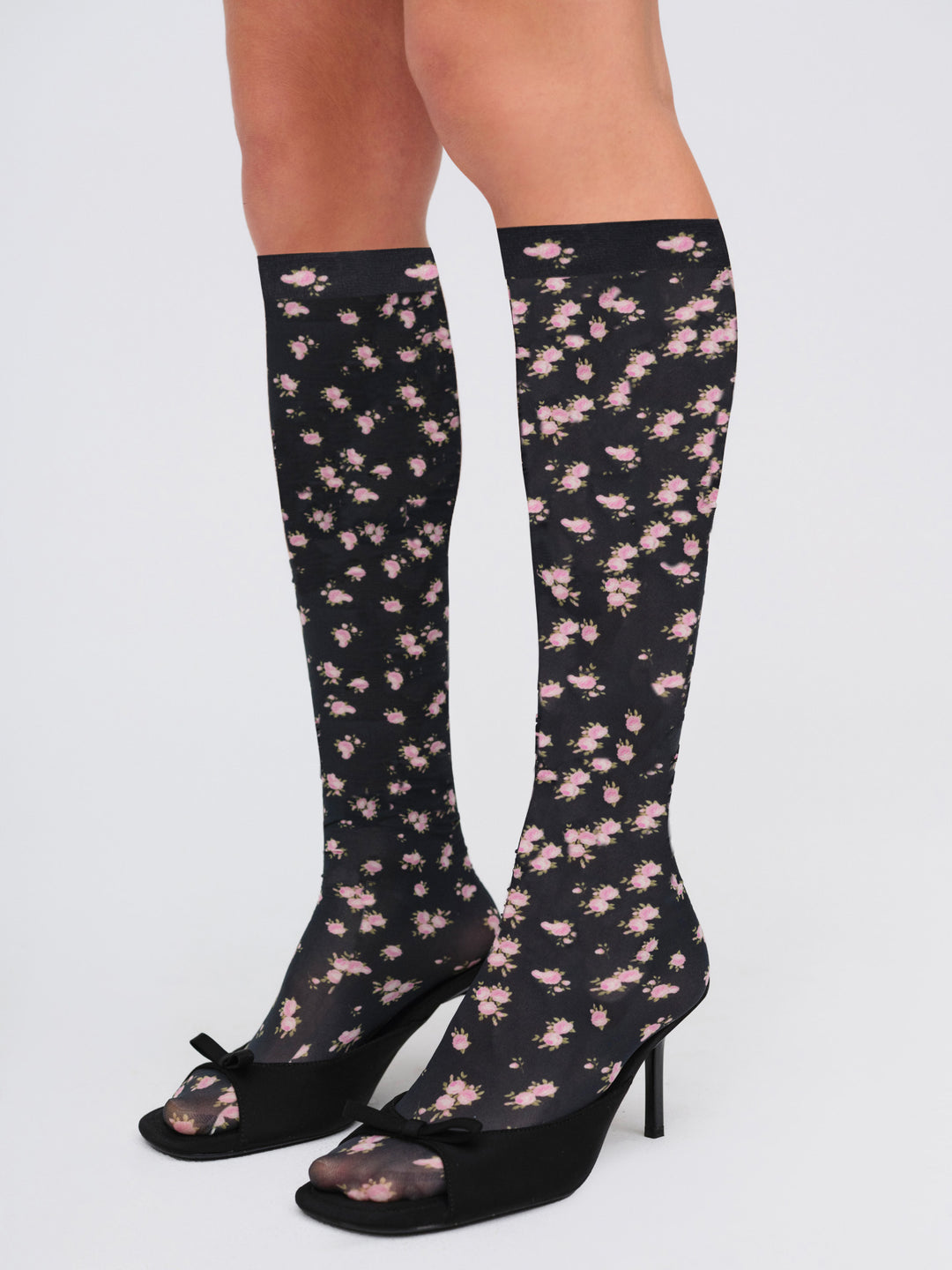 Floral Knee-High Socks — Black