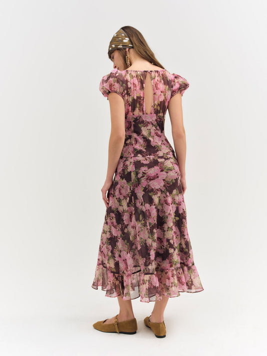 Adeline Floral Midi Dress — Brown