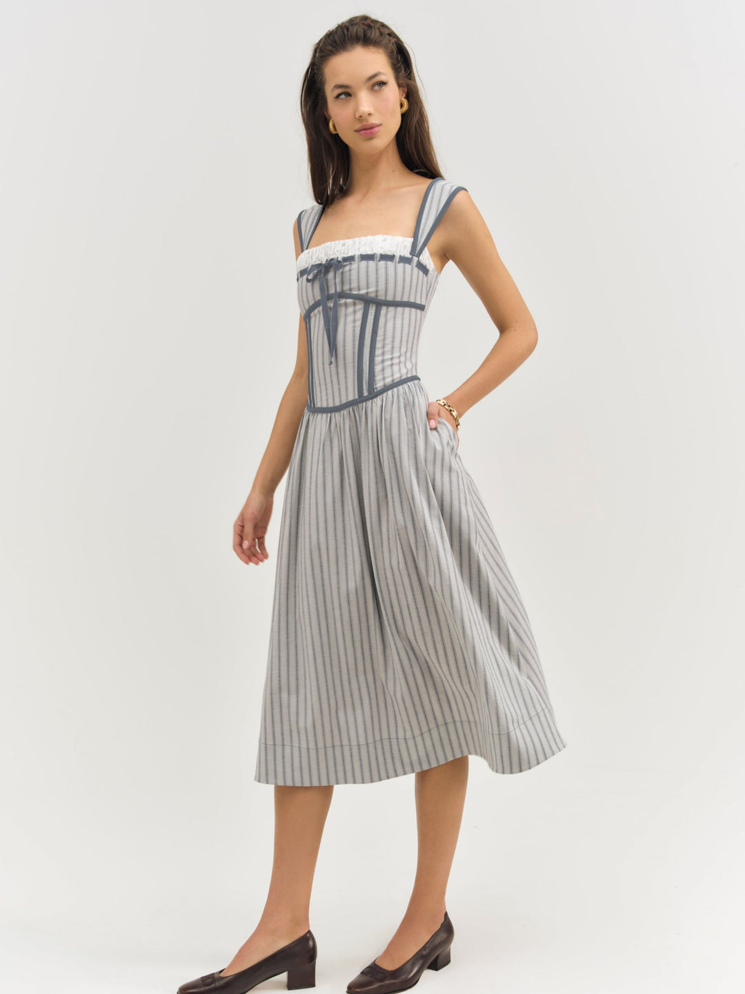Linen Stripe Midi Dress — Blue