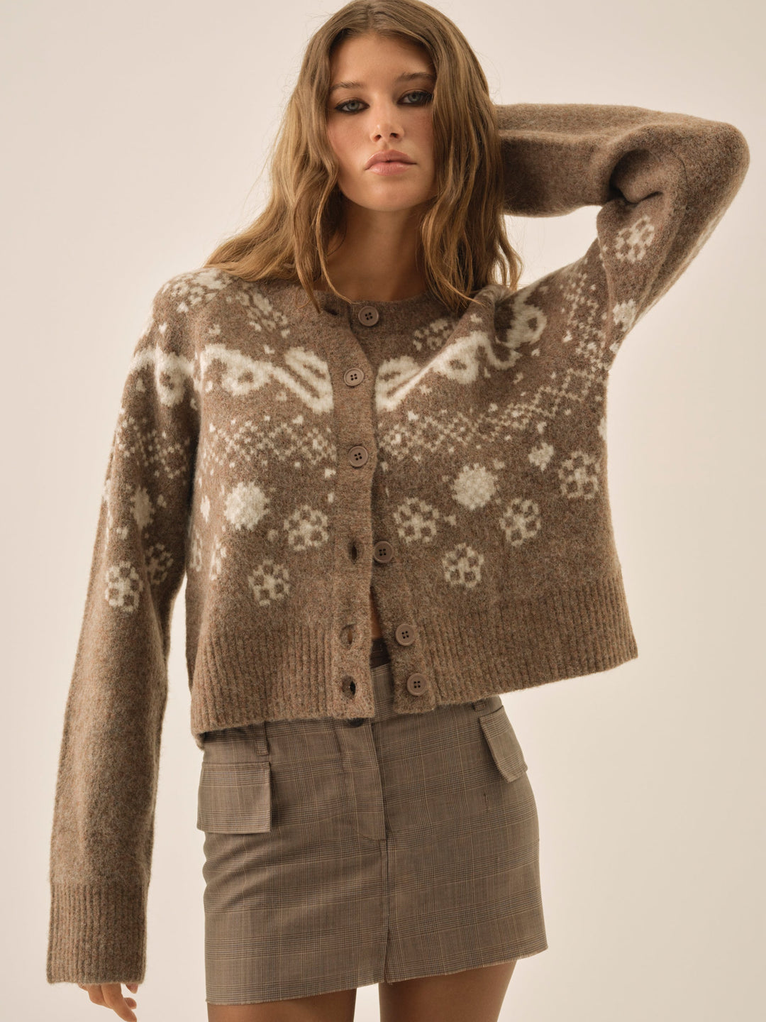 Arabella Intarsia Crewneck  Cardigan — Brown