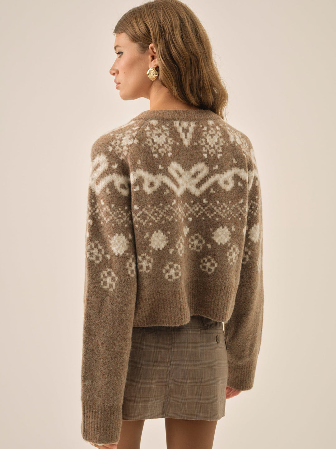 Arabella Intarsia Crewneck  Cardigan — Brown