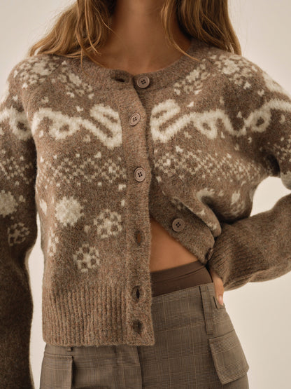 Arabella Intarsia Crewneck  Cardigan — Brown