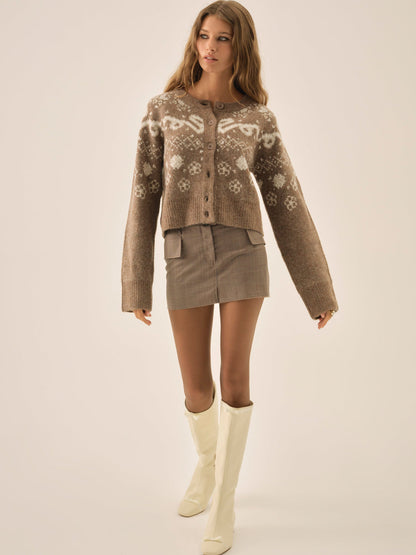 Arabella Intarsia Crewneck  Cardigan — Brown