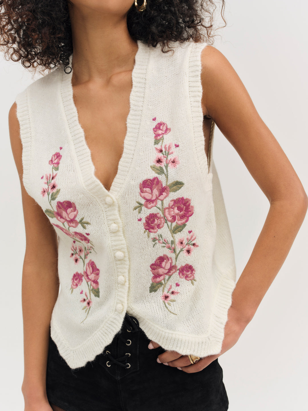 Molly Embroidered Sweater Vest — Cream