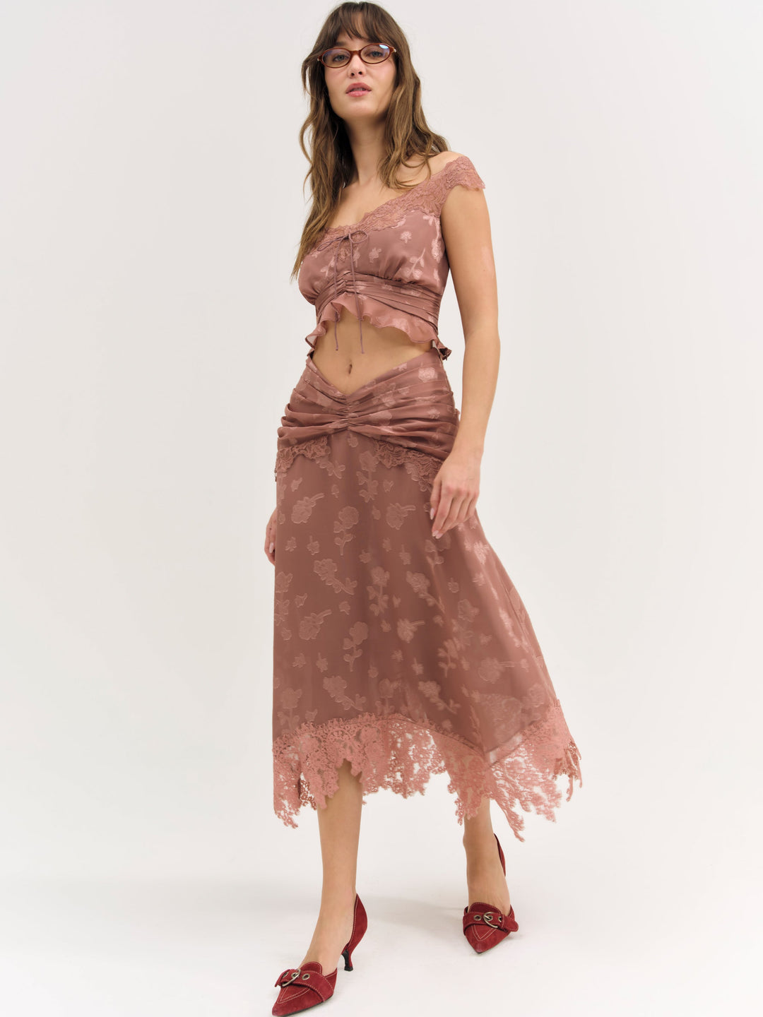 Colette Satin Burnout Midi Skirt — Mahogany