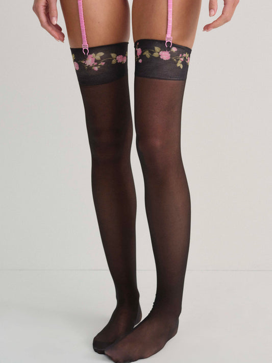 Rose Vine Thigh-High Socks — Black