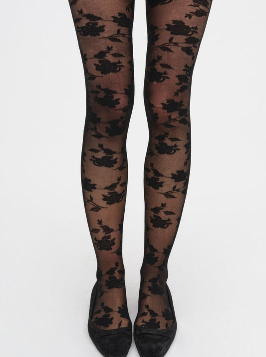 Floral Knit Tights — Black