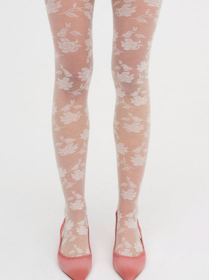Floral Knit Tights — White
