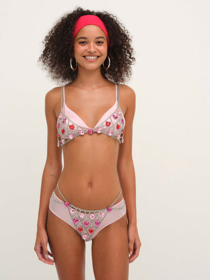 Rhinestone Heart Thong Panty — Red
