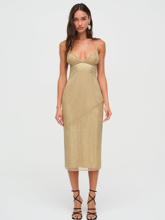 Glitter Grid Midi Dress — Gold