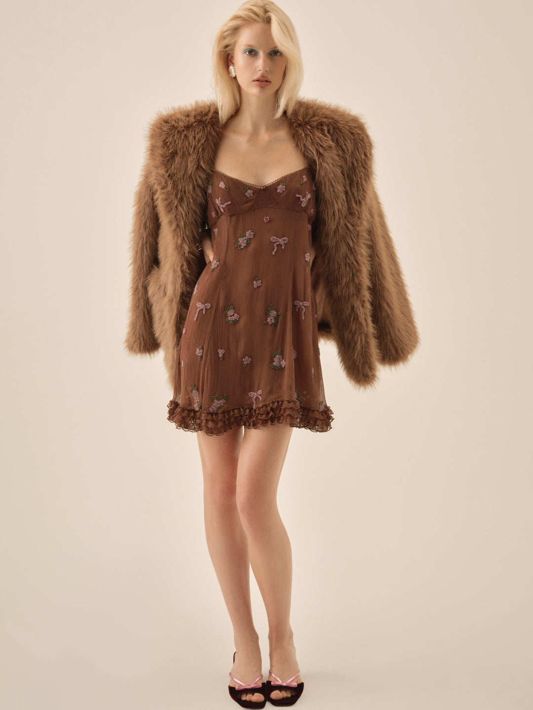 Beaded Garden Bow Mini Dress — Brown
