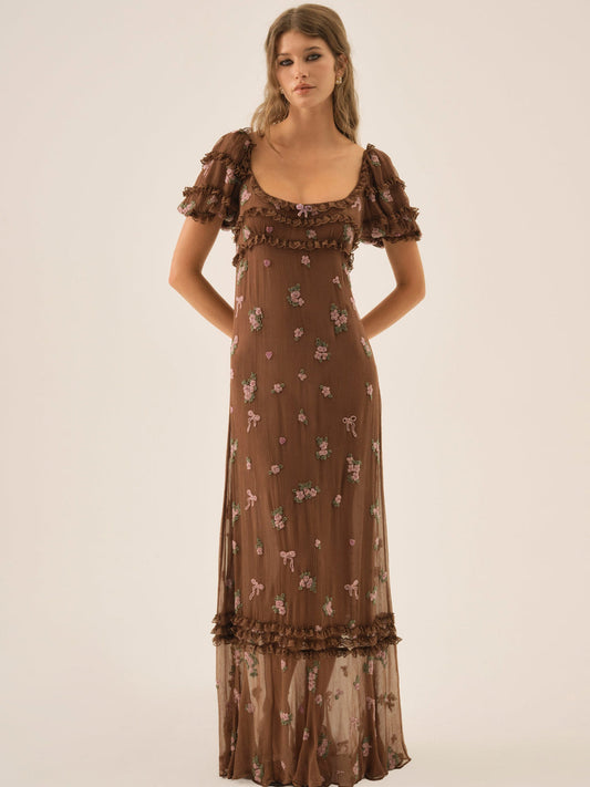 Beaded Garden Bow Maxi Dress — Brown