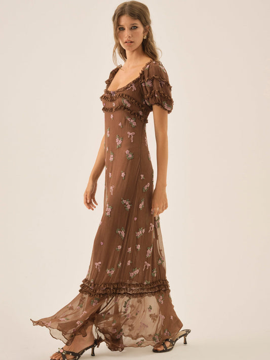 Beaded Garden Bow Maxi Dress — Brown