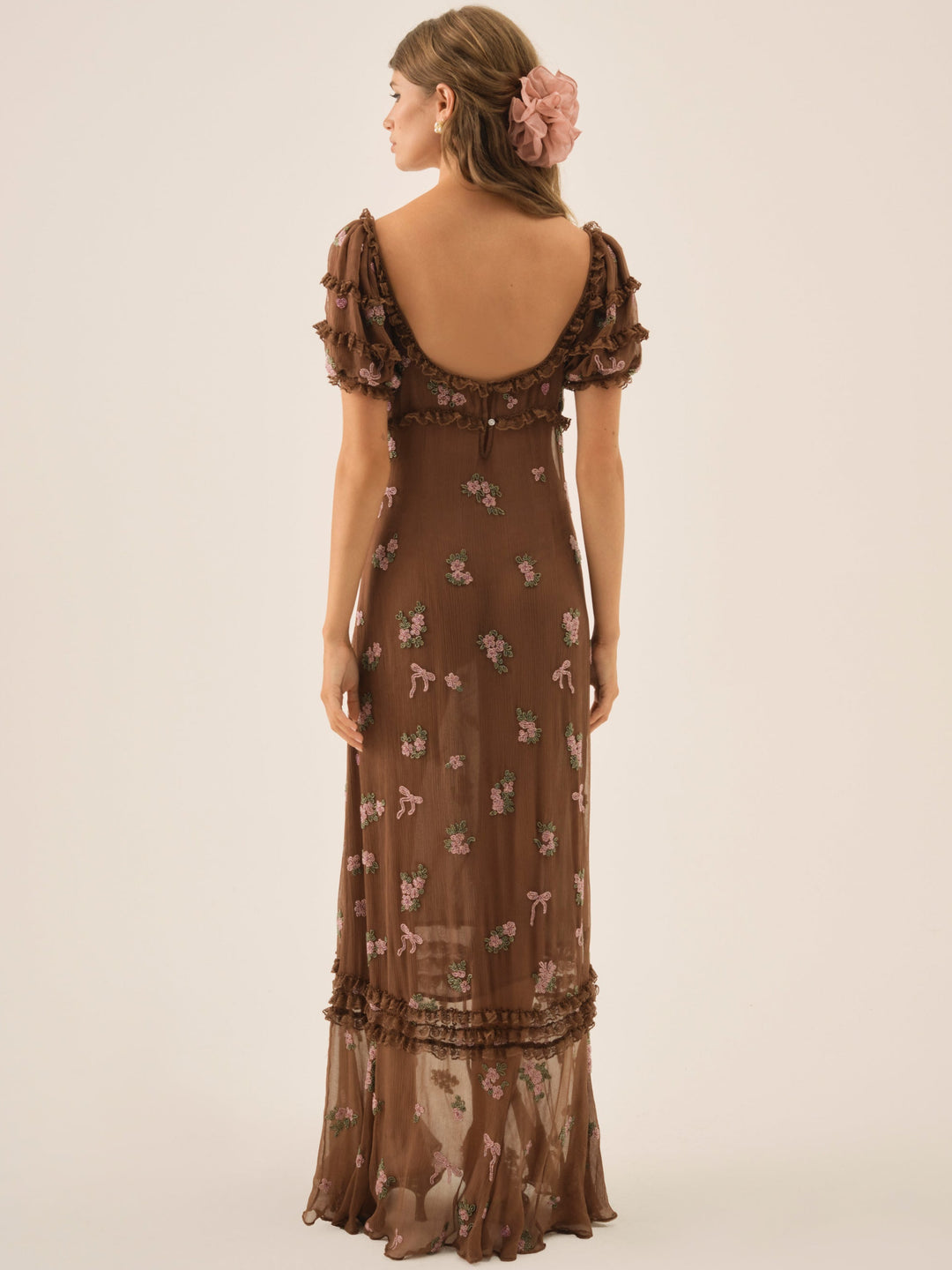 Beaded Garden Bow Maxi Dress — Brown