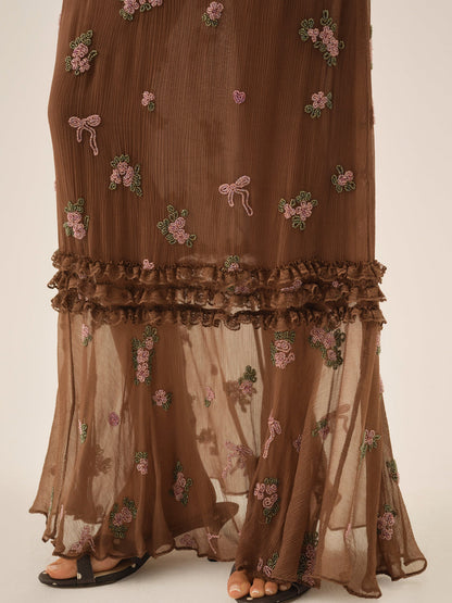 Beaded Garden Bow Maxi Dress — Brown
