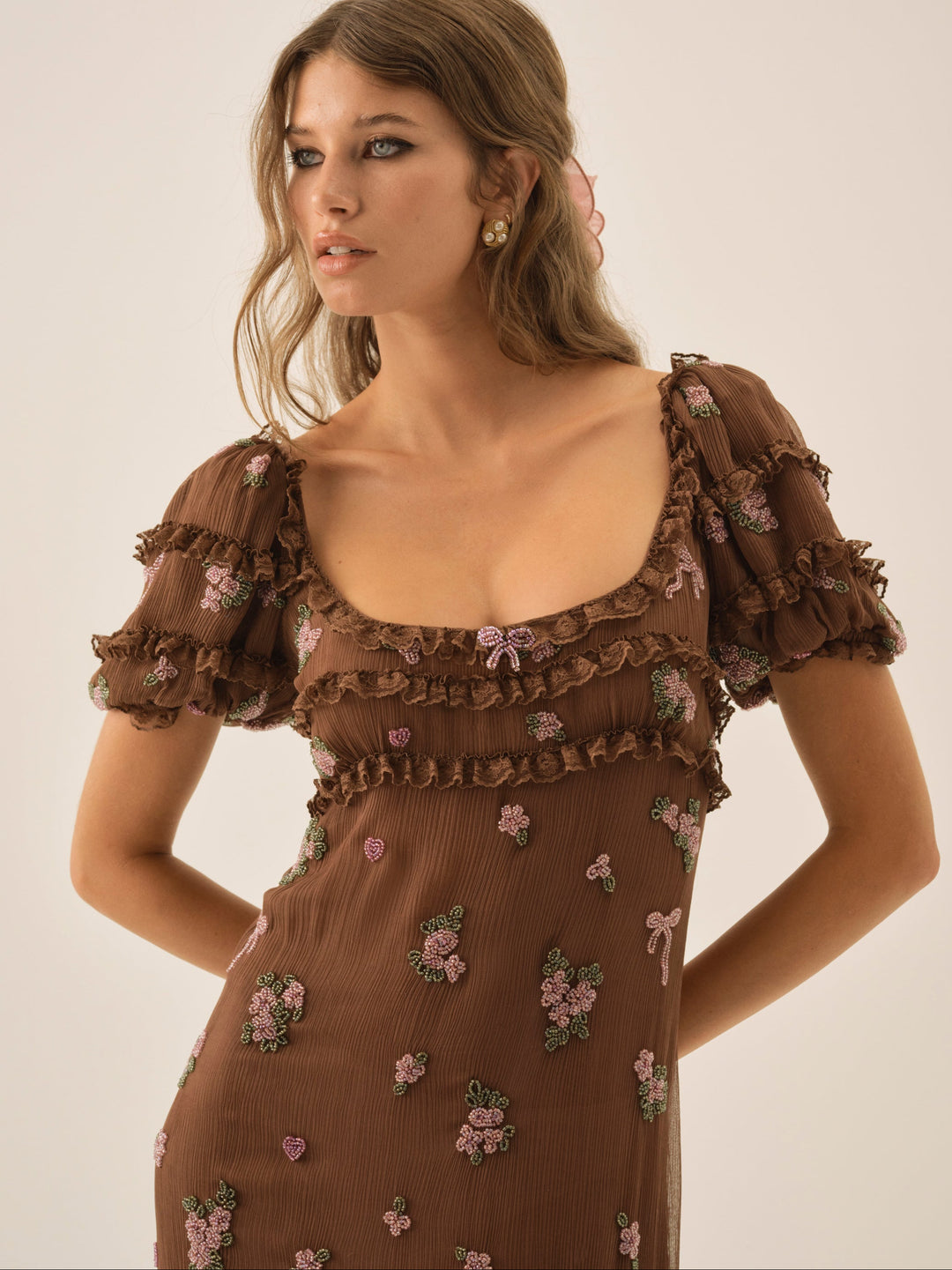 Beaded Garden Bow Maxi Dress — Brown