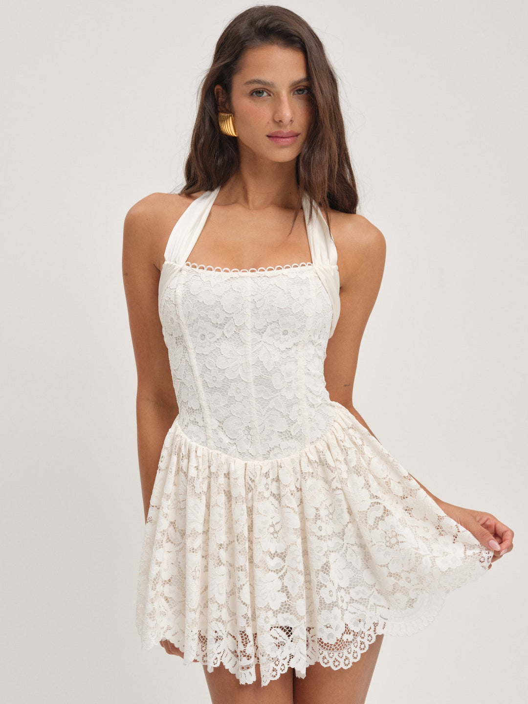 Lakeside Lace Halter Mini Dress — Cream