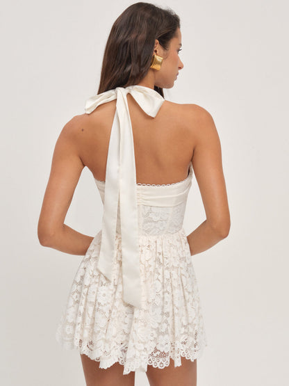 Lakeside Lace Halter Mini Dress — Cream