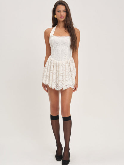 Lakeside Lace Halter Mini Dress — Cream