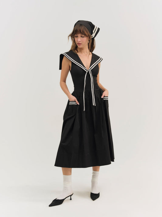Helena Poplin Collared Midi Dress — Black