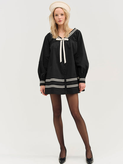 Helena Poplin Long Sleeve Mini Dress — Black