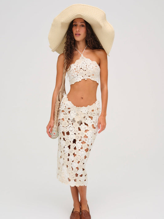 Floral Crochet Coverup Midi Skirt — White