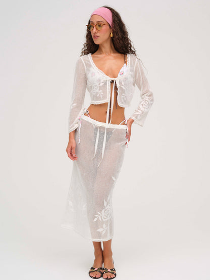 Rose Crochet Midi Skirt — White