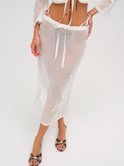 Rose Crochet Midi Skirt — White