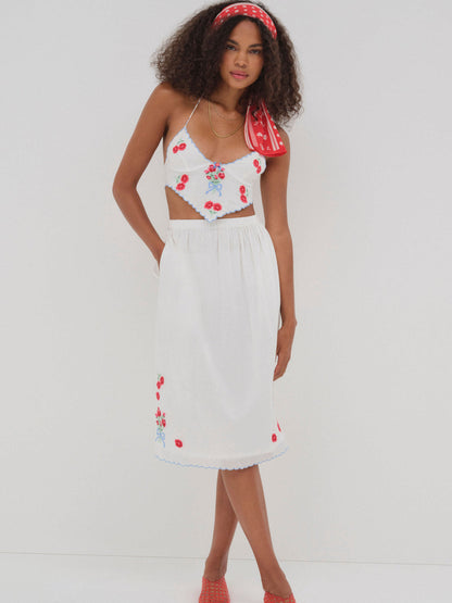 Forget Me Not Embroidery Midi Skirt — White