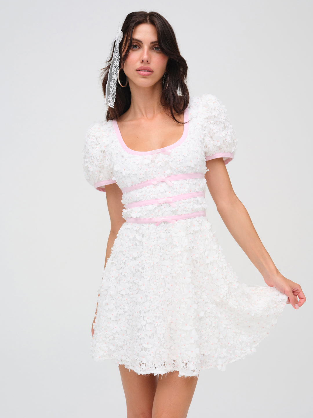 Stacked Blossom Lace Mini Dress — White