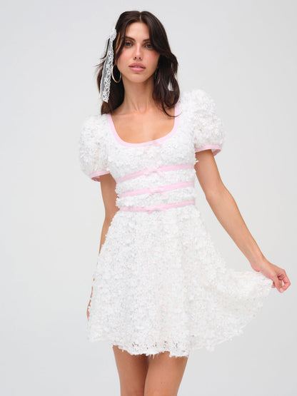 Stacked Blossom Lace Mini Dress — White