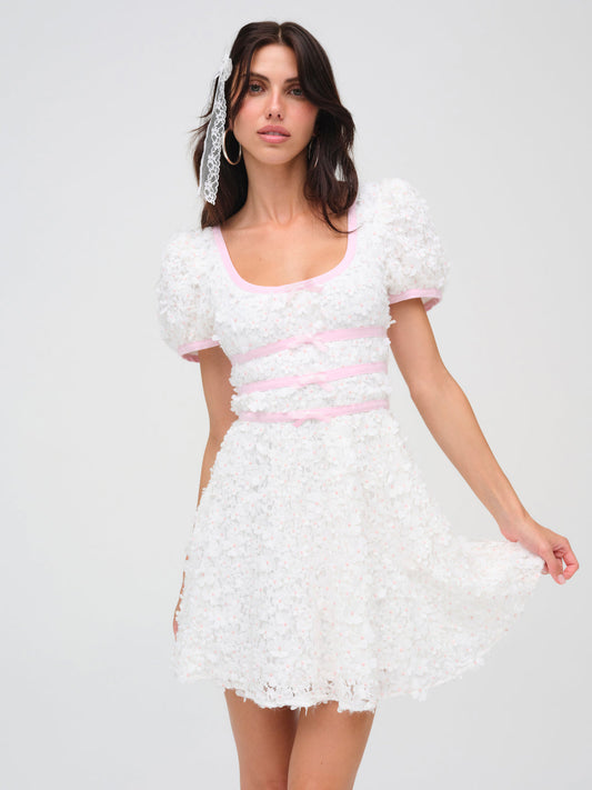 Stacked Blossom Lace Mini Dress — White