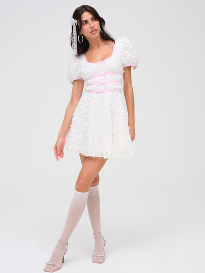 Stacked Blossom Lace Mini Dress — White