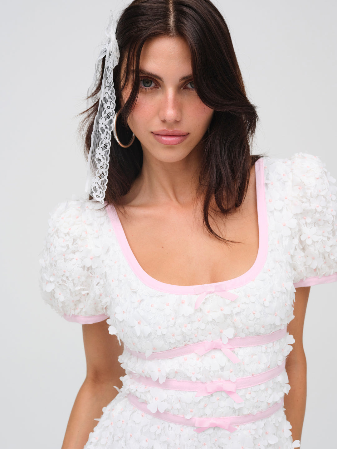 Stacked Blossom Lace Mini Dress — White