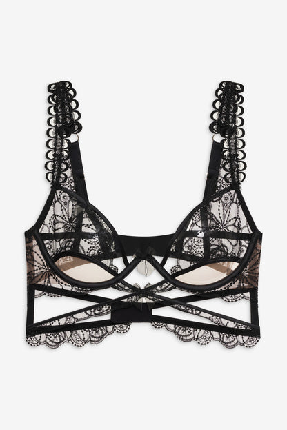 Swirly Floral Embroidered Bra — Noir