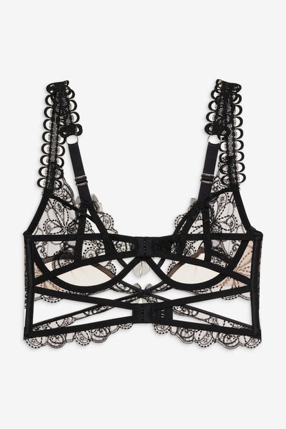 Swirly Floral Embroidered Bra — Noir