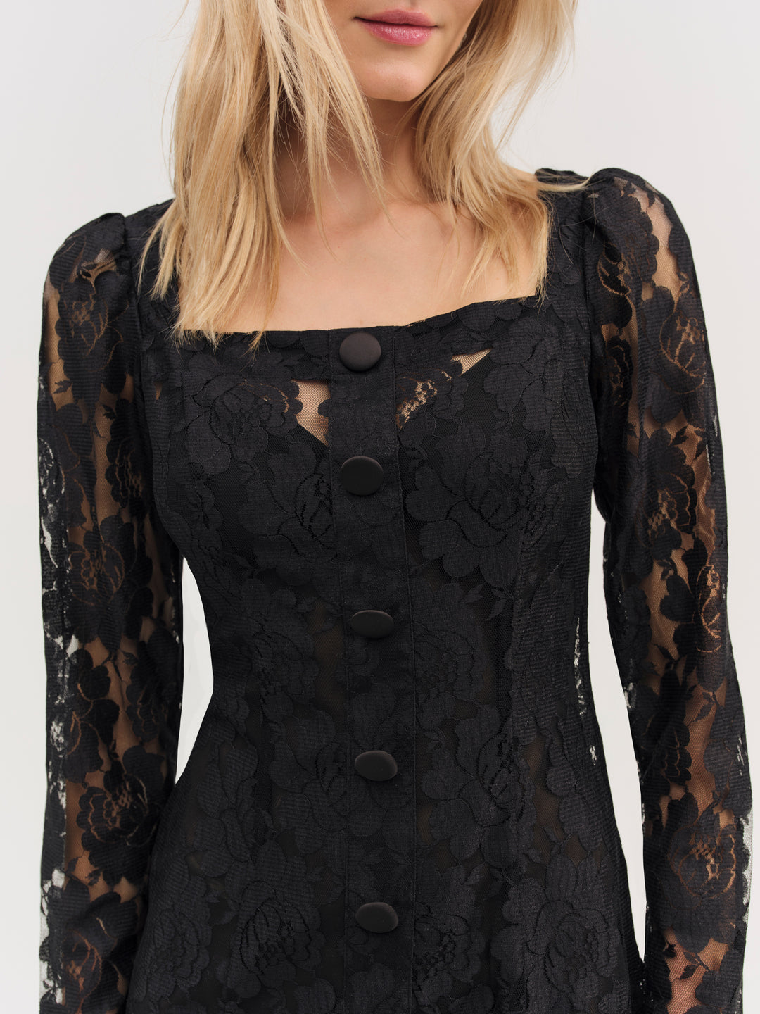 Claudia Rose Lace Long Sleeve Mini Dress — Black