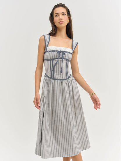 Linen Stripe Midi Dress — Blue